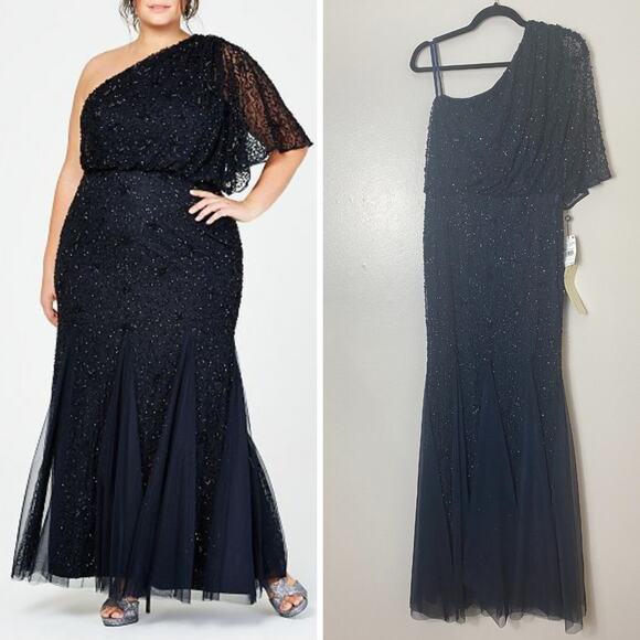 ADRIANNA PAPELL DRESS 16 NAVY BLUE MOTHER OF BRIDE FALL WEDDING GUEST GOWN LONG - Picture 1 of 13
